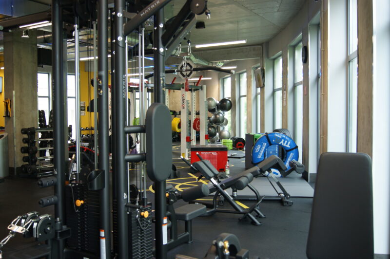 Modern Ursynów Warsaw gym with weight training machines, barbell racks and colourful fitness balls by large windows.