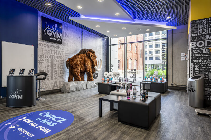 Сучасна приймальня тренажерного залу Just Gym Wrocław з великим плюшевим мамонтом, скляними вікнами та столиками зі спортивними напоями.