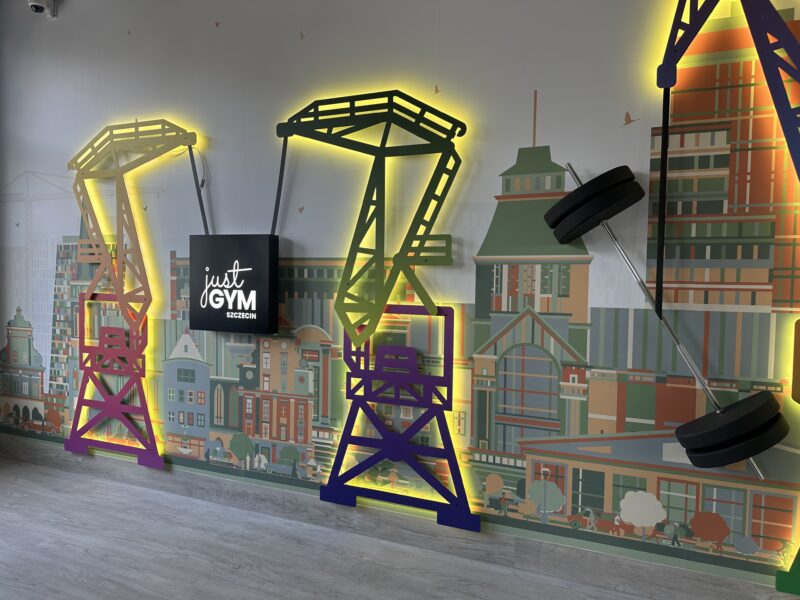 Just Gym Szczecin wall decoration - illuminated harbour cranes with griffin and plates in the background of the city skyline.