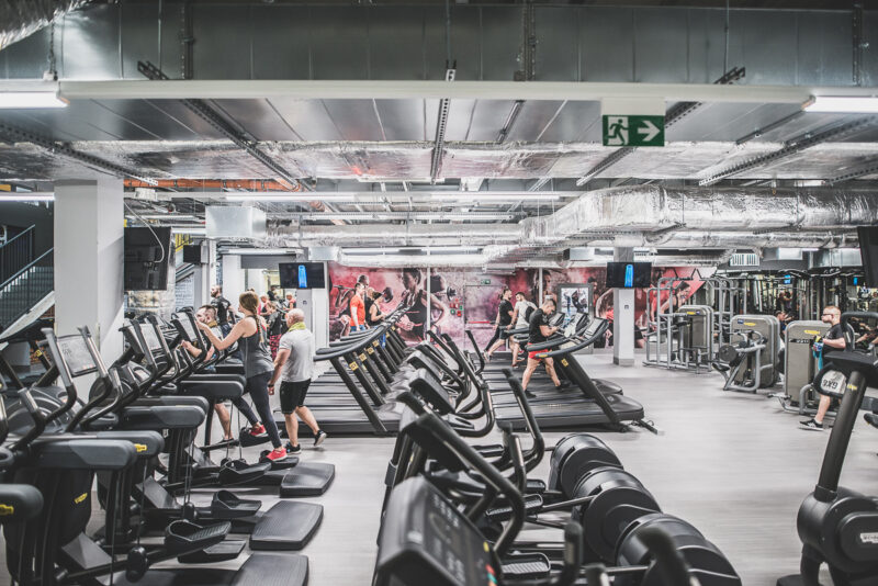 Strefa cardio w siłowni Just Gym Elbląg z rzędami bieżni i stepperów, gdzie ćwiczący wykonują trening wytrzymałościowy.
