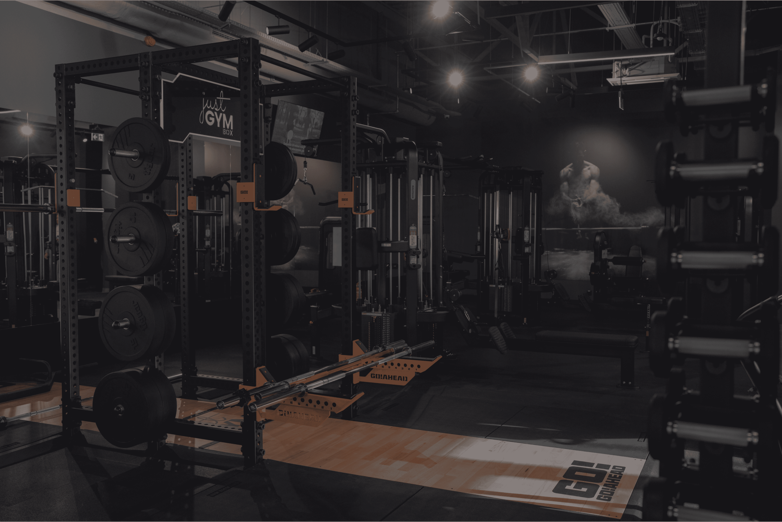 Deadlift and squat platform at Just Gym Box Warsaw Targówek - racks, weights and benches in a modern room.