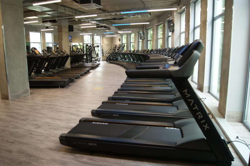 Długi rząd profesjonalnych bieżni Matrix ustawionych przy oknach w nowoczesnym klubie fitness z widokiem na zieleń